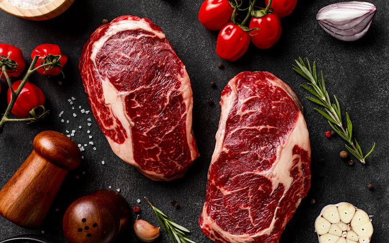 Two raw ribeye steaks with herbs and tomatoes